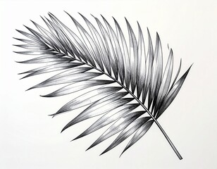 Detailed Black and White Palm Leaf Illustration with Fine Line Shading