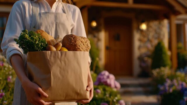 55Lifestyle close-up of female hands offering a grocery bag, ripe fruits and fresh bread visible at the top, residential doorway glowing with soft sunlight, emphasis on trust, care,