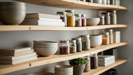 Modern kitchen shelves with various kitchenware and cookbooks viewed from a slight angle