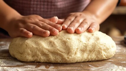 Closeup view of skilled hands meticulously kneading fresh dough on a floured wooden surface preparing homemade bread or pastry with traditional culinary techniques showcasing the art of baking and fo.