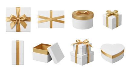 Luxury Gift Box Collection featuring White Heart Round Square Packaging with Gold Satin Ribbon Bow and Elegant Minimalist Design