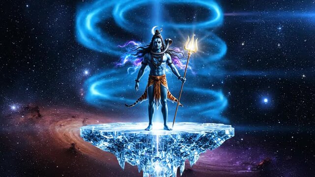 Cosmic Lord Shiva standing on frozen ice block in space