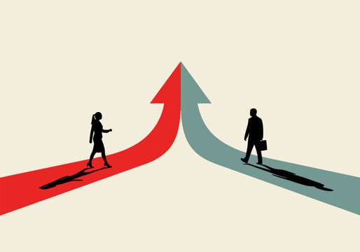 Two business people merge paths as red and blue arrows ascend, symbolizing collaboration and shared future