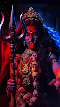 Kali Durga Goddess, Sacred Triumph Over Asura. Indian Hindu Goddess Mythological Story, Cinematic and Dramatic Scene.