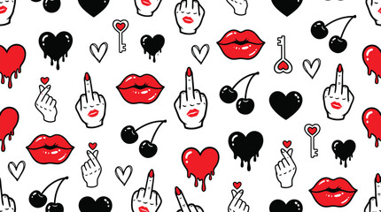 Seamless Pop Art Pattern with Red Lips, Hearts, and Edgy Hand Gestures on White Background