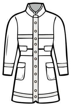 Stylized illustration of a white lab coat or uniform with buttons, pockets, and band accents.