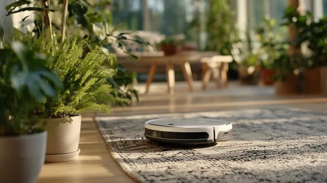 81Low-angle shot of a robot vacuum gliding smoothly across a rug, detailed texture of fabric visible, modern living space with indoor plants and soft shadows, smart cleaning technolo