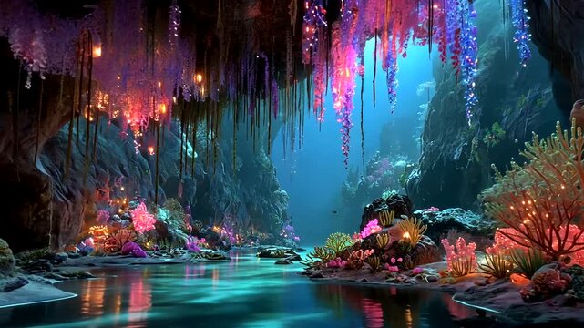 Enchanting Underwater Cave with Vibrant Coral Reefs and Luminous Flora