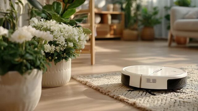 78Detailed lifestyle shot of a robot vacuum actively cleaning a rug, minimalistic decor and uncluttered floor space, emphasis on ease, efficiency, and modern household technology, ph