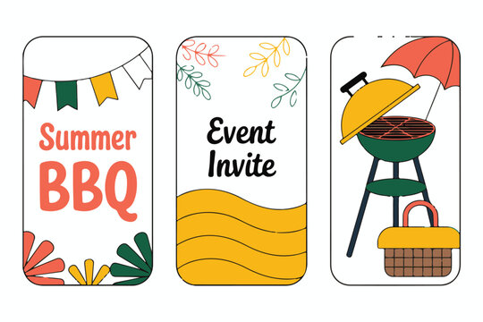 Summer bbq event invite vertical banner set with garland leaves grill umbrella basket cooking party announcement - Powered by Adobe
