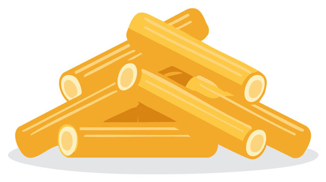 Pile of golden Italian rigatoni pasta pieces uncooked ingredient illustration