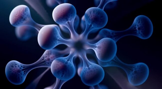 Abstract blue microscopic cell structure with interconnected lobes and tendrils, symbolizing biological science and research