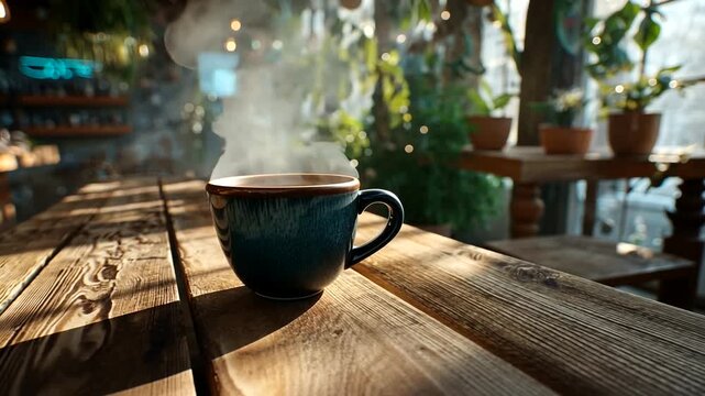 Morning Steam Rising from a Cozy Coffee Mug on a Rustic Outdoor Table