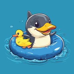 Shark cartoon with duck rubber ring illustration , vector style simple color
