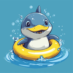 Shark cartoon with duck rubber ring illustration , vector style simple color