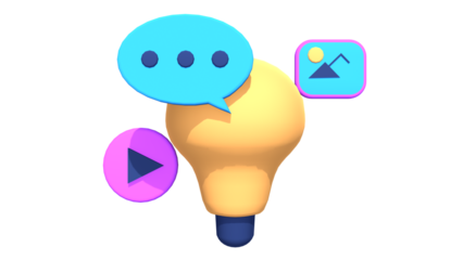 3D Creative Idea Concept with Light Bulb, Chat Bubble and Media Icons for Digital Marketing