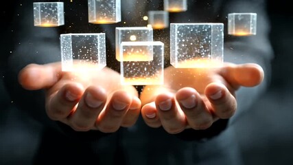 Futuristic Handheld Holographic Data Visualization with Floating Cubes and Sparkling Particles - Powered by Adobe