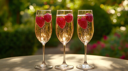 Obraz premium Sparkling Champagne with Strawberries in Sunlit Garden