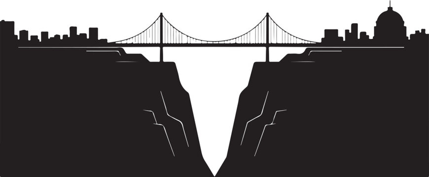 Silhouette image showcasing massive suspension bridge structure spanning deep chasm connecting bustling city skylines on opposite banks.