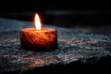 Round stone candle with a flickering flame placed on a textured dark surface, creating a warm glow in a serene and tranquil setting with shadows