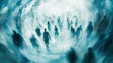 Fototapeta premium Silhouetted Figures Walking Toward a Bright Light