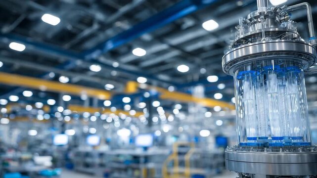 119High-detail shot of laboratory-scale reactor vessel with transparent tubing and mixing system, clean-room lighting, focus on controlled mass transfer and reaction kinetics, scienti