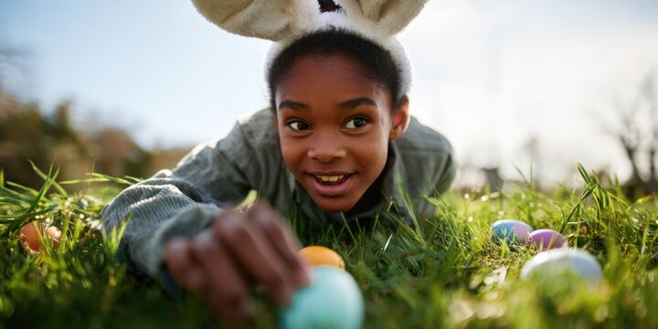 African american young girl enjoying easter egg hunt in bunny ears outdoors - Powered by Adobe