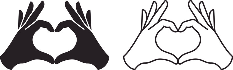 Hand Heart Gesture Vector Icons Set - Silhouette and Outline Styles for Love and Friendship Design