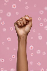 Empowered female fist raised against pink floral background