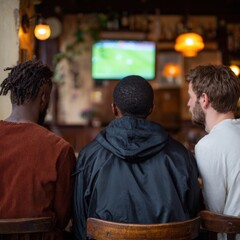 Obraz premium Young friends watching sports in a cozy pub setting