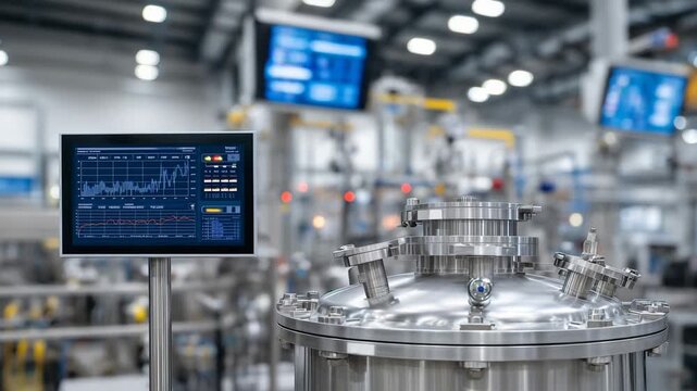 125Close-up of chemical reactor vessel with digital monitoring instruments and control displays in background, sterile industrial lab atmosphere, automated reaction control and safety