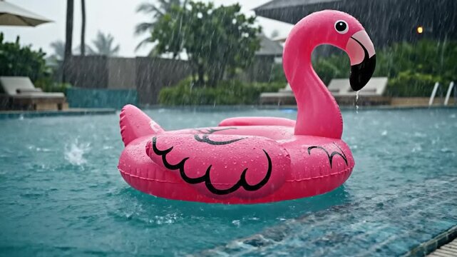 Pink flamingo float in a tropical pool during rain, lounge chairs and palms visible