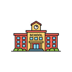 Obraz premium Colorful, flat illustration of a school building with a clock tower and surrounding bushes, perfect for educational and architectural themes