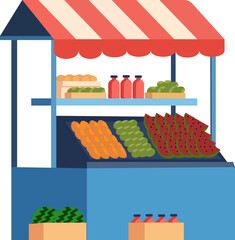 Market Stand Vector Illustration with Awning and Wooden Counter