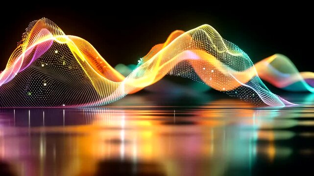 Dynamic colorful digital waveforms reflected on a glossy surface illustrating modern digital art