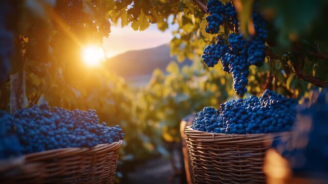 136Close-up of vineyard rows during peak harvest, grape clusters dense and heavy, wicker baskets filling with fruit, warm rural atmosphere, beginning of winemaking process theme