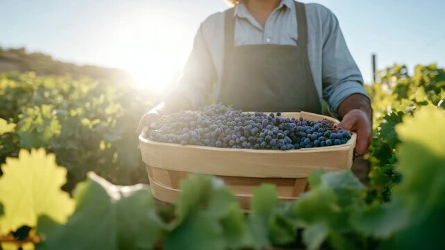 138Close-up of vineyard worker lifting a basket full of grapes, muscles and fabric textures visible, sun-drenched rows of vines surrounding, grape harvest labor and wine production st
