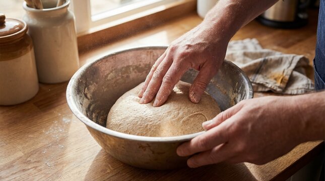 Man kneading dough in metal bowl on wooden table