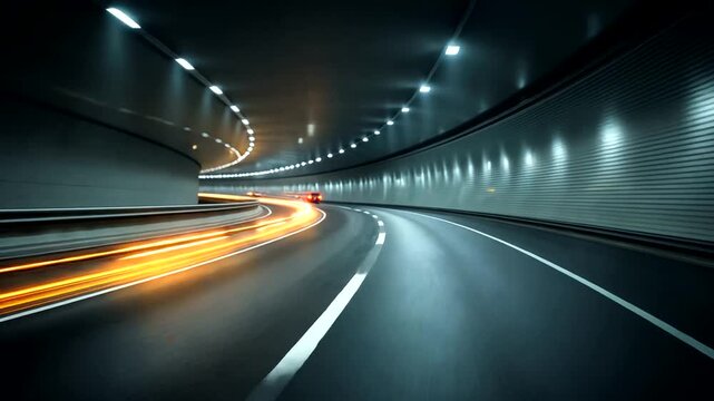 Nighttime traffic flow through illuminated tunnel capturing swift motion and light trails