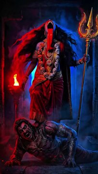 Hindu Kali Goddess, Battle Rage Laugh Against Asura. Indian Hindu Goddess Mythological Story, Cinematic and Dramatic Scene.