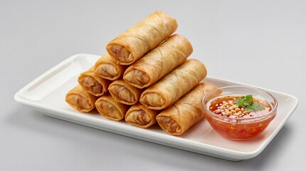 Stack of spring rolls on a white plate with red sauce