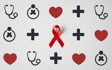 Obraz premium Aids awareness red ribbon symbol with medical icons on white