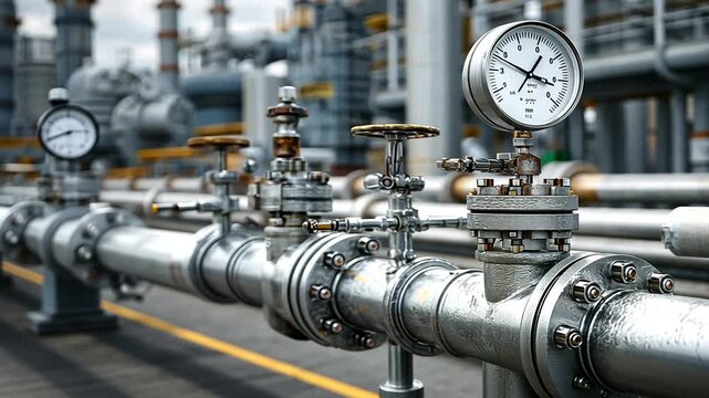 Industrial pipeline system featuring pressure gauges and valves in a modern factory setting
