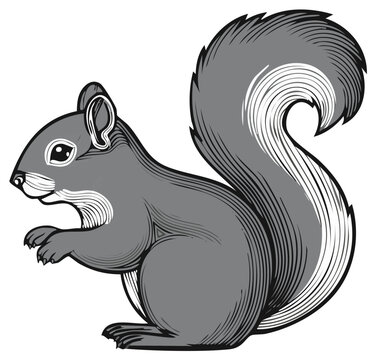Illustration of a Gray Squirrel with Bushy Tail Standing on its Hind Legs, Isolated on White