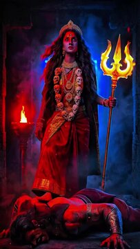 Fierce Kali Goddess, Mythic Battle Scene Against Asura. Indian Hindu Goddess Mythological Story, Cinematic and Dramatic Scene.