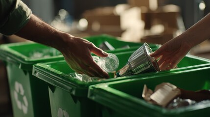 Fototapeta na wymiar Sorting materials at a recycling center during the day with multiple bins