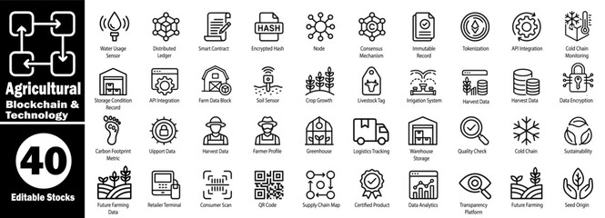 Decentralized farm management and agritech blockchain symbols for food tracking Vector Illustrator.