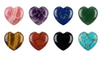 Natural gemstone heart set including amethyst rose quartz lapis lazuli and tiger eye minerals isolated. Polished crystal collection for jewelry and healing.