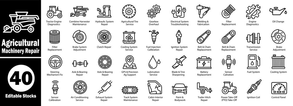 Agricultural machinery repair service icons for tractor and combine maintenance Vector Illustrator.