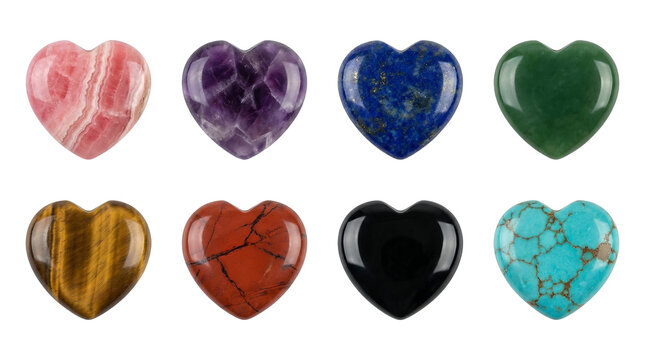Natural gemstone heart set including amethyst rose quartz lapis lazuli and tiger eye minerals isolated. Polished crystal collection for jewelry and healing.